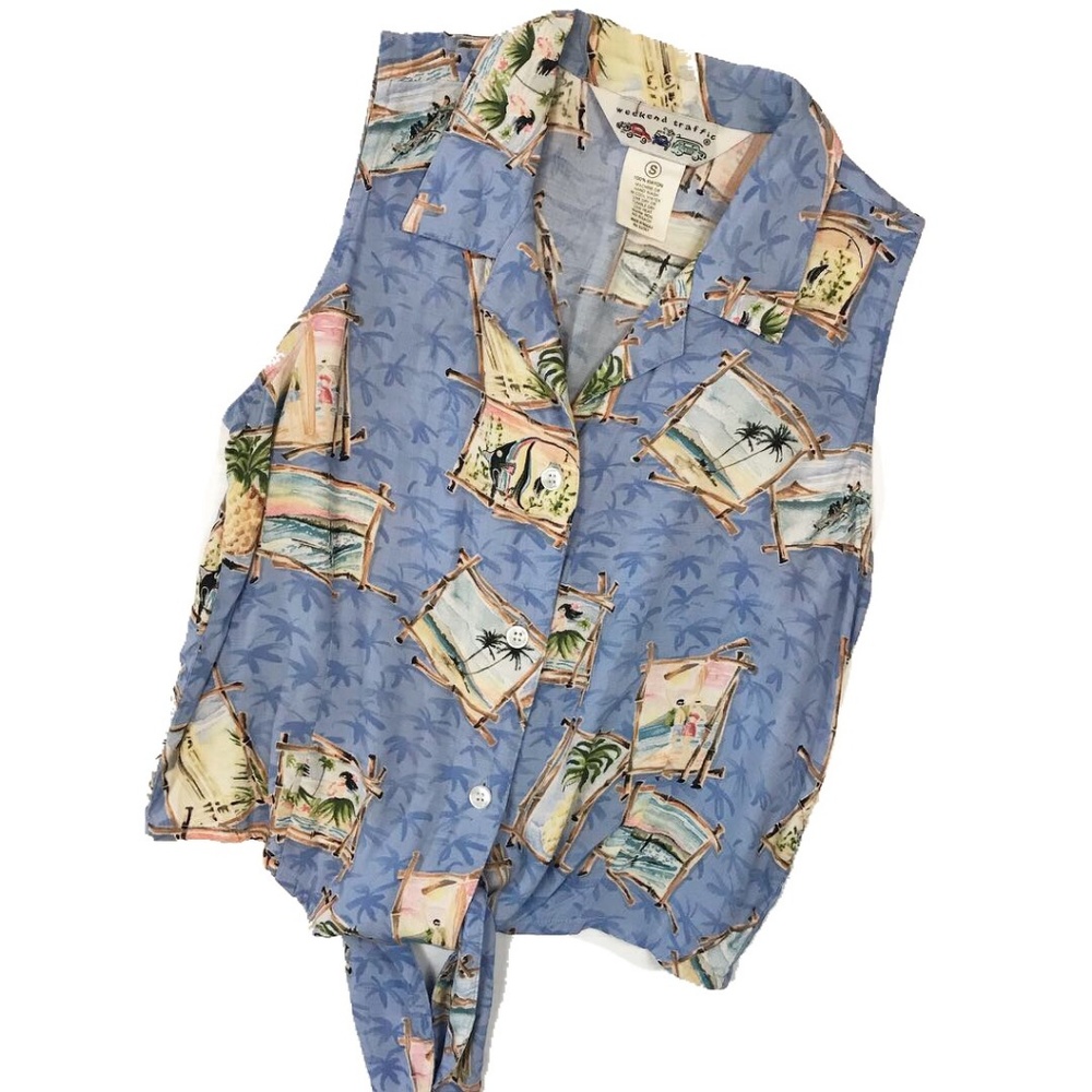Vintage Hawaiian Sleeveless Button Tie Front Tank